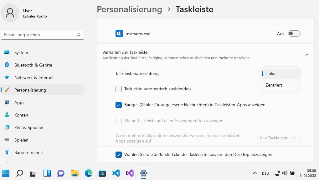 Ausrichtung des Startmenüs in der Taskleiste von Windows 11