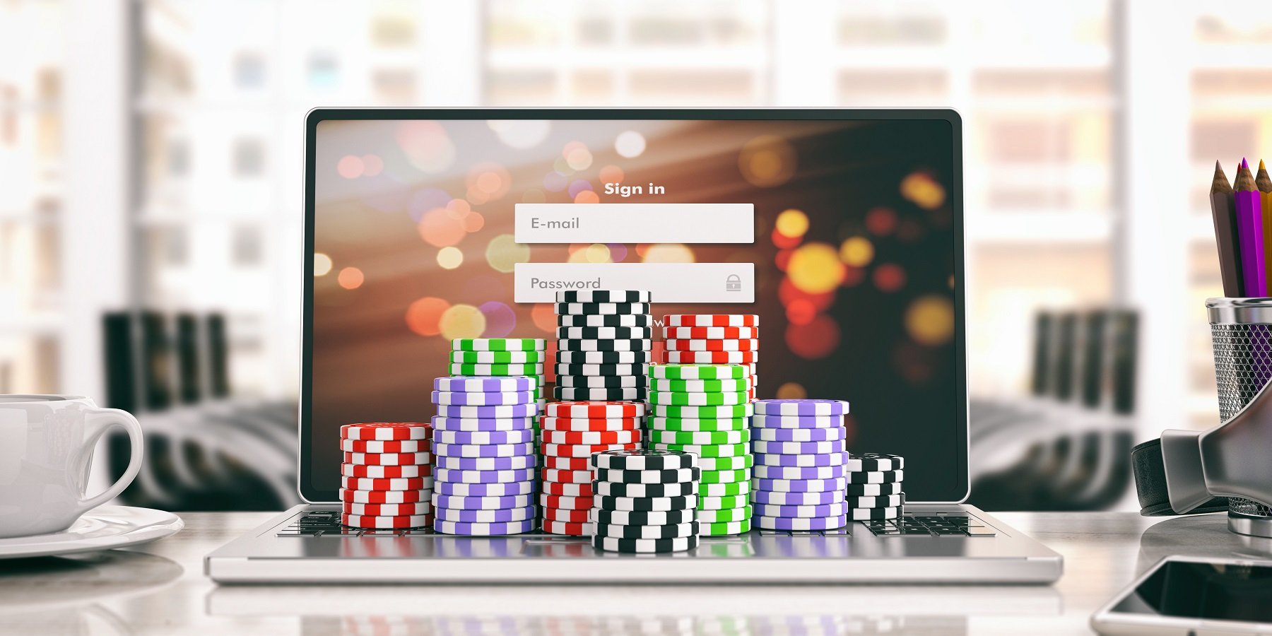 Sicheres Online-Casino: Chips auf Notebook