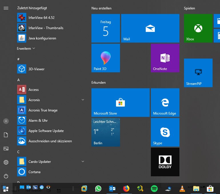 Das Startmenü von Windows 10 im Dark Theme