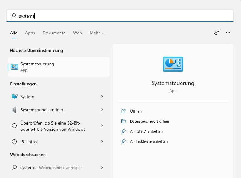 Systemsteuerung an Start oder Taskleiste von Windows 11 anheften