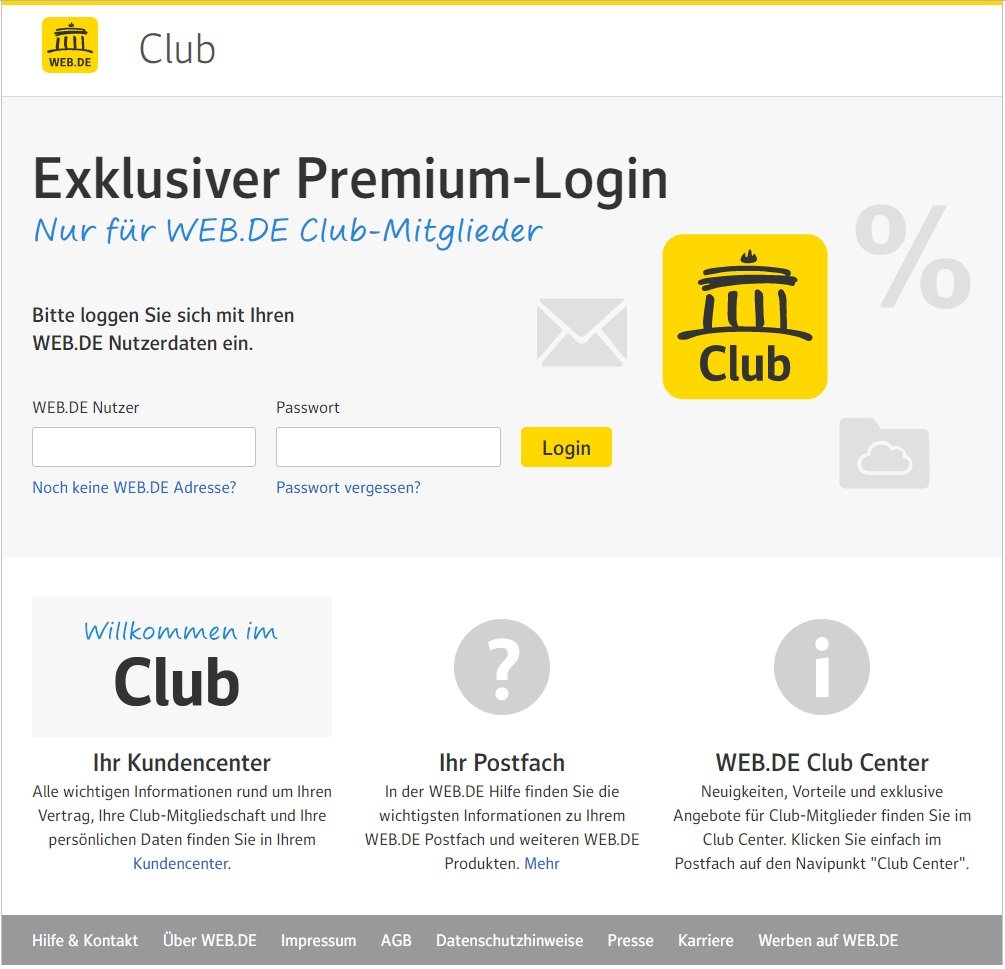 Login-Seite des Web.de-Club